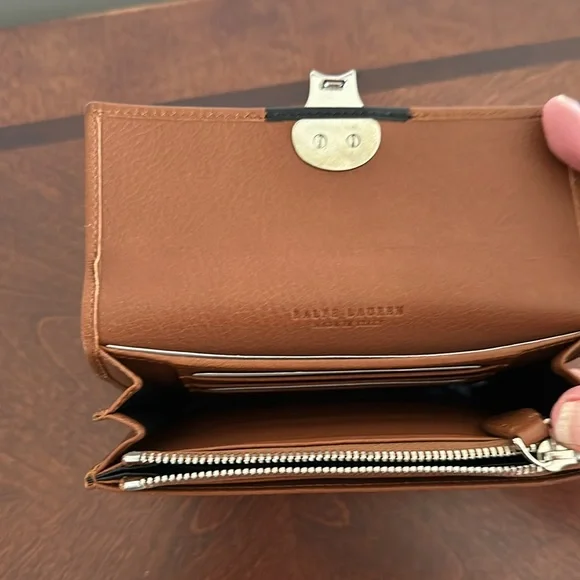 NWT Ralph Lauren Ricky Purple Label Leather Wallet Iconic Brown and Navy Color